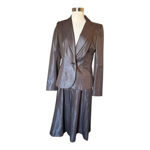 Zenobia Women’s Skirt Suit Set Metallic Wool Pleated Sz 10 Brown Church Career